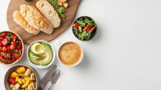 Various types of food on a white table photo