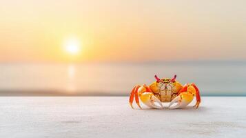 A crab with a red head sitting on a white table photo