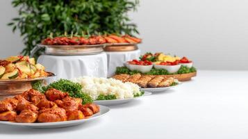 Buffet with different types of food on white table photo
