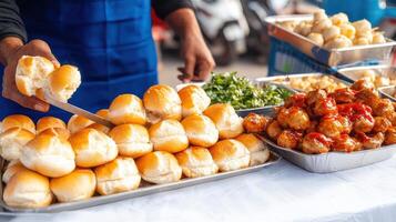 A man is cutting up a roll of bread photo