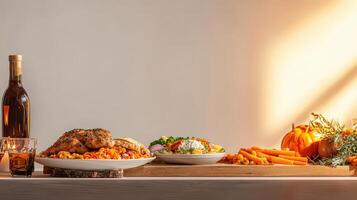 Thanksgiving dinner with wine and vegetables photo