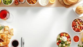 A table with various foods and drinks on it photo