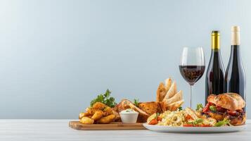A table with food and wine on it photo