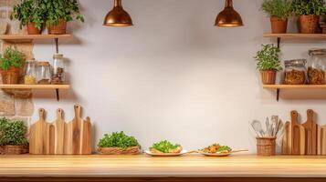 A kitchen with wooden shelves and pots of herbs photo