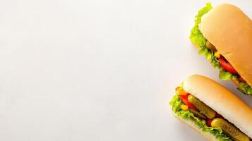 Two hot dogs with lettuce and pickles on a white surface photo