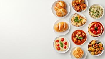A variety of different foods on white plates photo