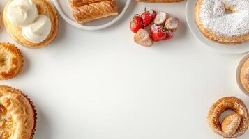 A variety of pastries on white table photo