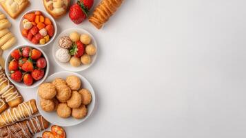 Various types of cookies and pastries on white background photo