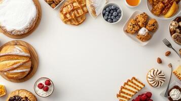 Various types of pastries and desserts on a white table photo