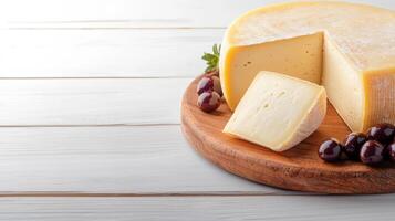 Cheese and grapes on a wooden board photo