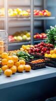Fresh fruits and vegetables in a supermarket photo