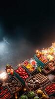 A street vendor selling fruits and vegetables at night photo
