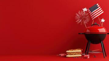 A red background with a grill, hot dogs and fireworks photo