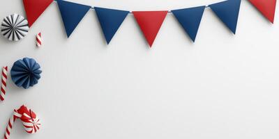 Red, white and blue bunting flags on a white wall photo