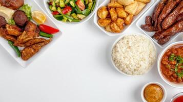 A variety of dishes are arranged in white bowls photo