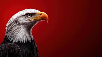 An eagle is shown in front of a red background photo
