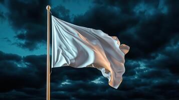 White flag waving in the wind against a dark sky photo