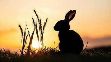 A rabbit is sitting in the grass at sunset photo