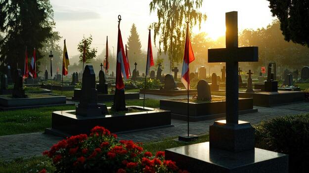 A cemetery with many flags and crosses photo