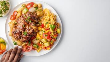 A plate of food with meat and vegetables on it photo