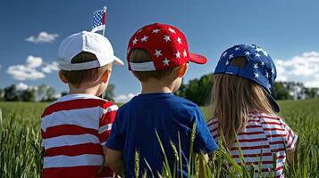 Three children wearing patriotic hats in a field photo