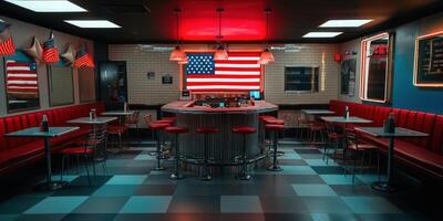 A bar with red booths and an american flag hanging on the wall photo