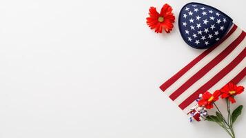 American flag and flowers on white background photo