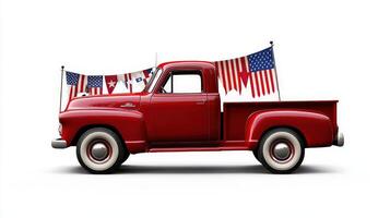 An old red truck with american flags on it photo