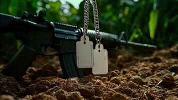 Two dog tags are on a chain in the field photo