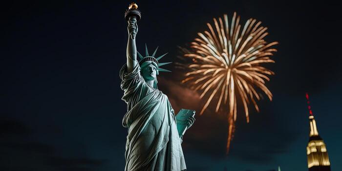 The statue of liberty is lit up with fireworks photo