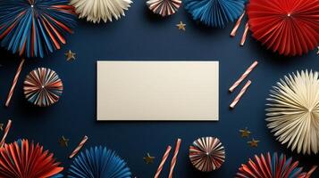 Red, white and blue patriotic decorations around a blank card photo