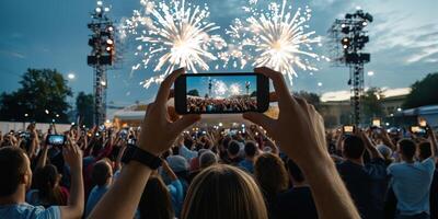 A person taking a photo of fireworks with a smartphone
