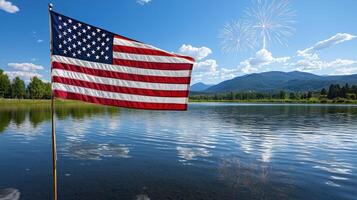 A flag is flying in the air over a lake photo