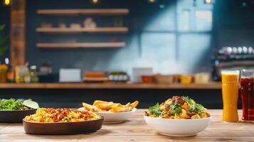 Three bowls of food sit on a wooden table photo
