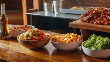 Buffet table with bowls of food and drinks photo