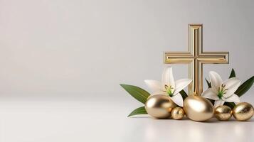 Golden cross and lily of the valley on white background 3d rendering photo