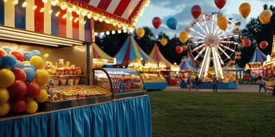A carnival with colorful balloons and food stands photo