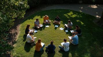 A group of people sitting in a circle on grass photo