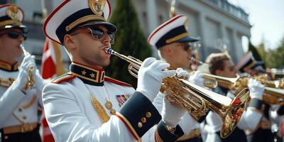 A man in uniform playing a trumpet in front of a group of people photo