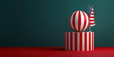 American flag and football on pedestal with red background photo