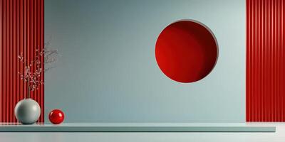 A red and white room with a vase and a round hole photo