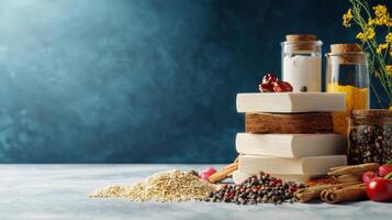 Foods and spices on a table with a copy space photo