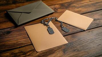 A brown envelope with a chain and a key photo