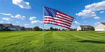 A large american flag in a field of grass photo