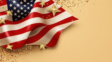 American flag with stars and confetti on a gold background photo