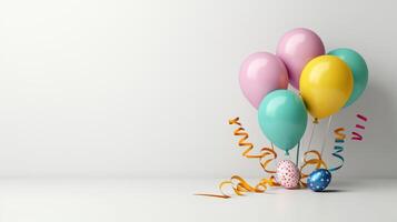 Colorful balloons and streamers on a white background photo