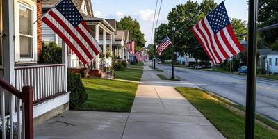 American flags line the sidewalk in front of houses photo