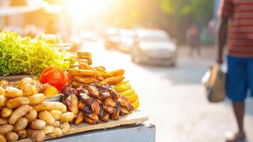 A man is walking down the street with a cart full of food photo