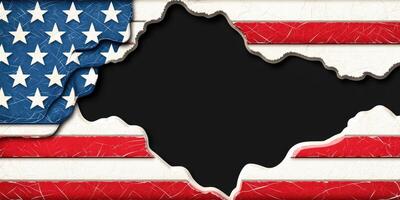 The usa flag is shown in the background of a torn up american flag photo