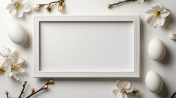 A white frame surrounded by flowers and eggs photo